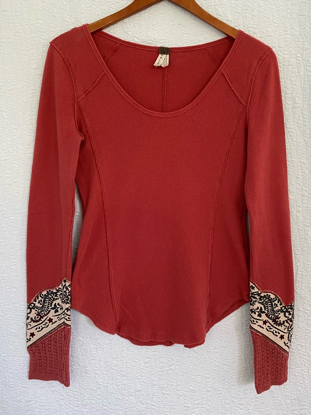 We The Free Long Sleeve Scoop Thermal Top in Rust with Bandana Cuffs Y2K